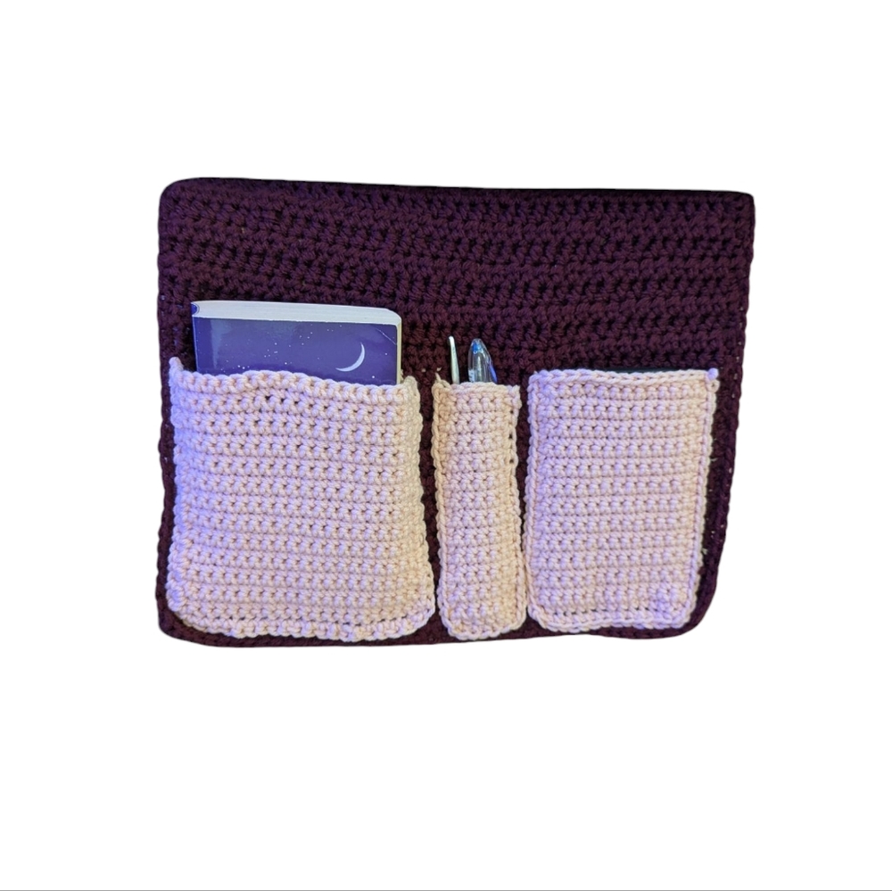 Handmade Crochet Bedside Pocket Organizer in Burgundy and Pink